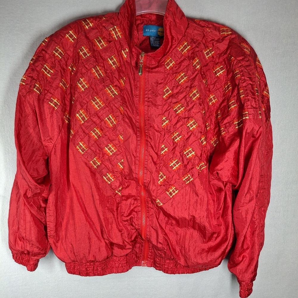 Vintage On Your‎ Mark Women's Small Red Yellow Track Jacket Nylon Windbreaker